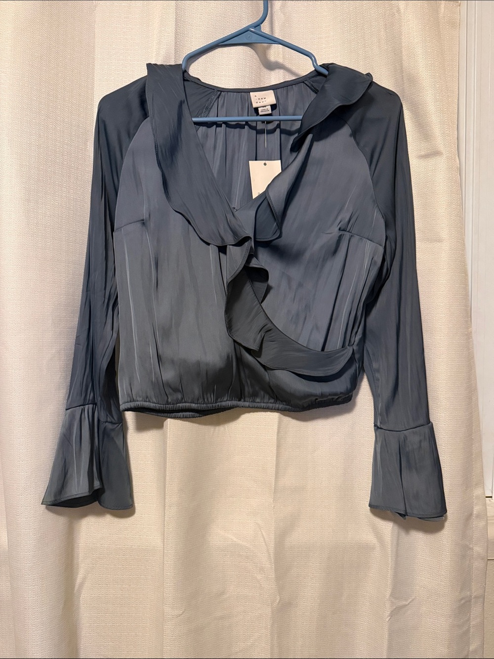 a new day Slate Blue Ruffle-Front Long Sleeve Crop Blouse